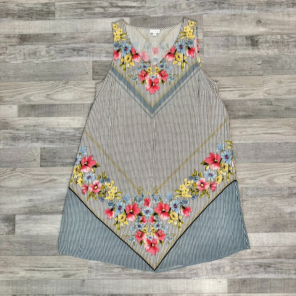 J. Jill Navy Stripe Sleeveless Mini Dress with Pink & Yellow Floral Embroidery